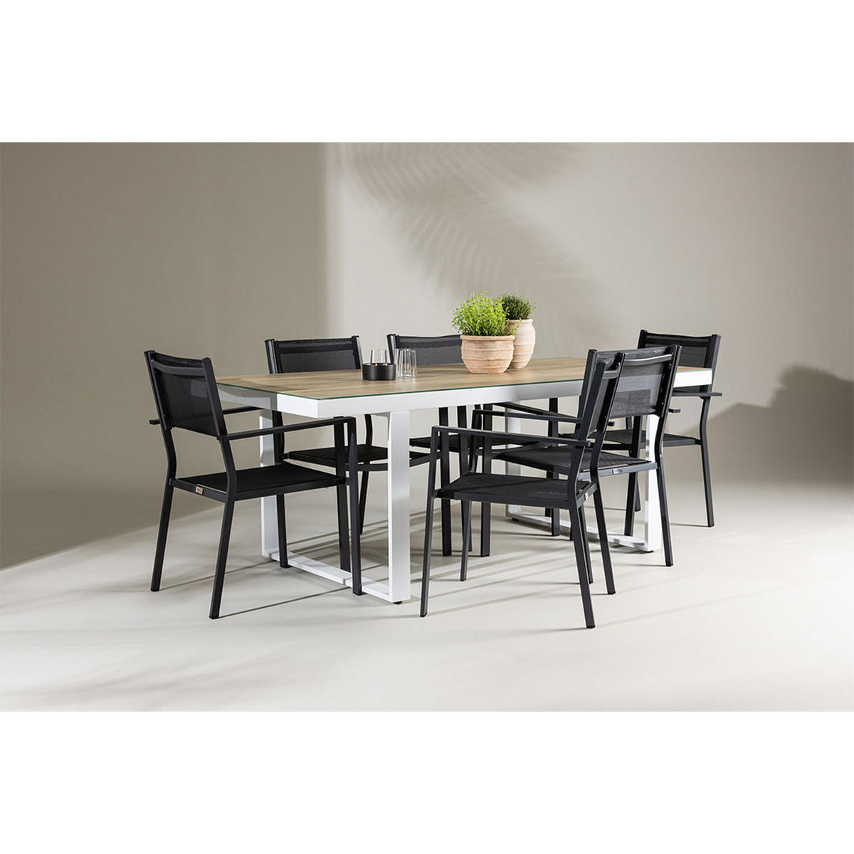 GARTENSET, Merlo, Tisch Weiß, Stühle Schwarz, Metall / Stoff, 90 x 200 x 75 cm, 7-teilig - Weiß, Metall - ebuy24