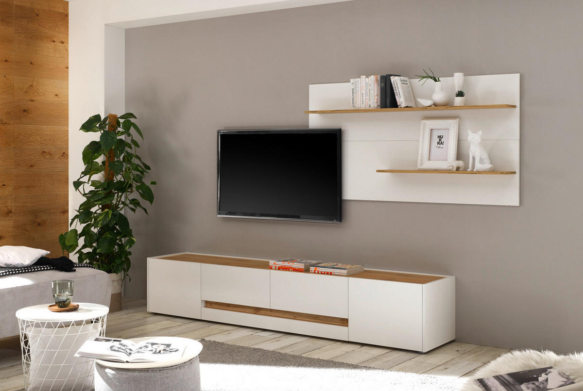 WOHNWAND 2-teilig weiß, Eiche Wotan 300 cm, Schrankwand mit XL-Lowboard - Eiche Wotan/Schwarz, Glas/Holz (300/180/45cm) - Furn.Design