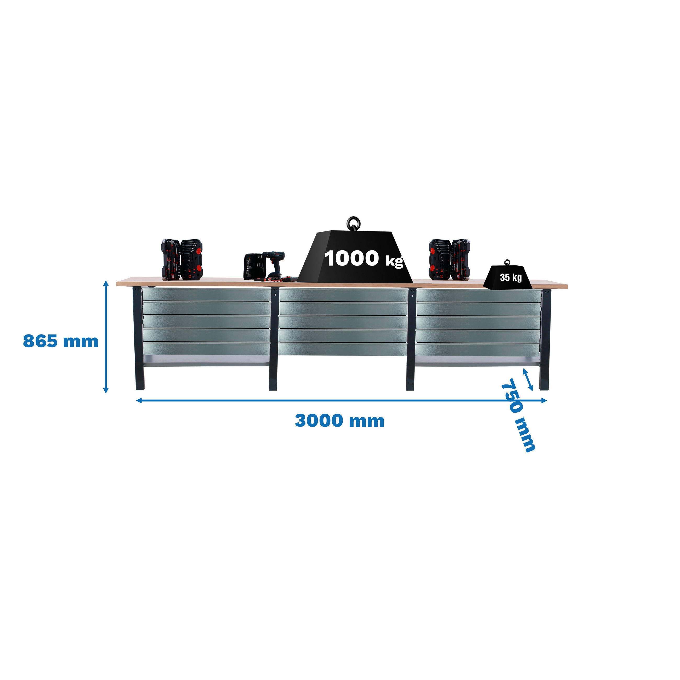 WERKBANK Buffalo Wood mit 15x Schublade HxBxT 86,5 x 300 x 75 cm Traglast 1000 kg Anthrazit - Anthrazit, Metall (300/86.5/75cm) - PROREGAL