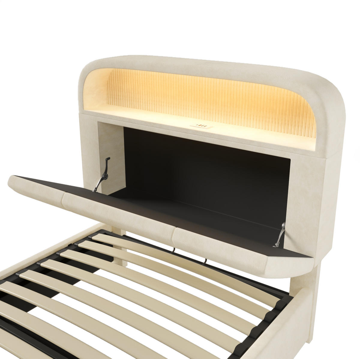 POLSTERBETT mit Stauraum 90x200 cm Samt Beige mit LED & USB - Beige, Metall (90/200cm) - Meubliv
