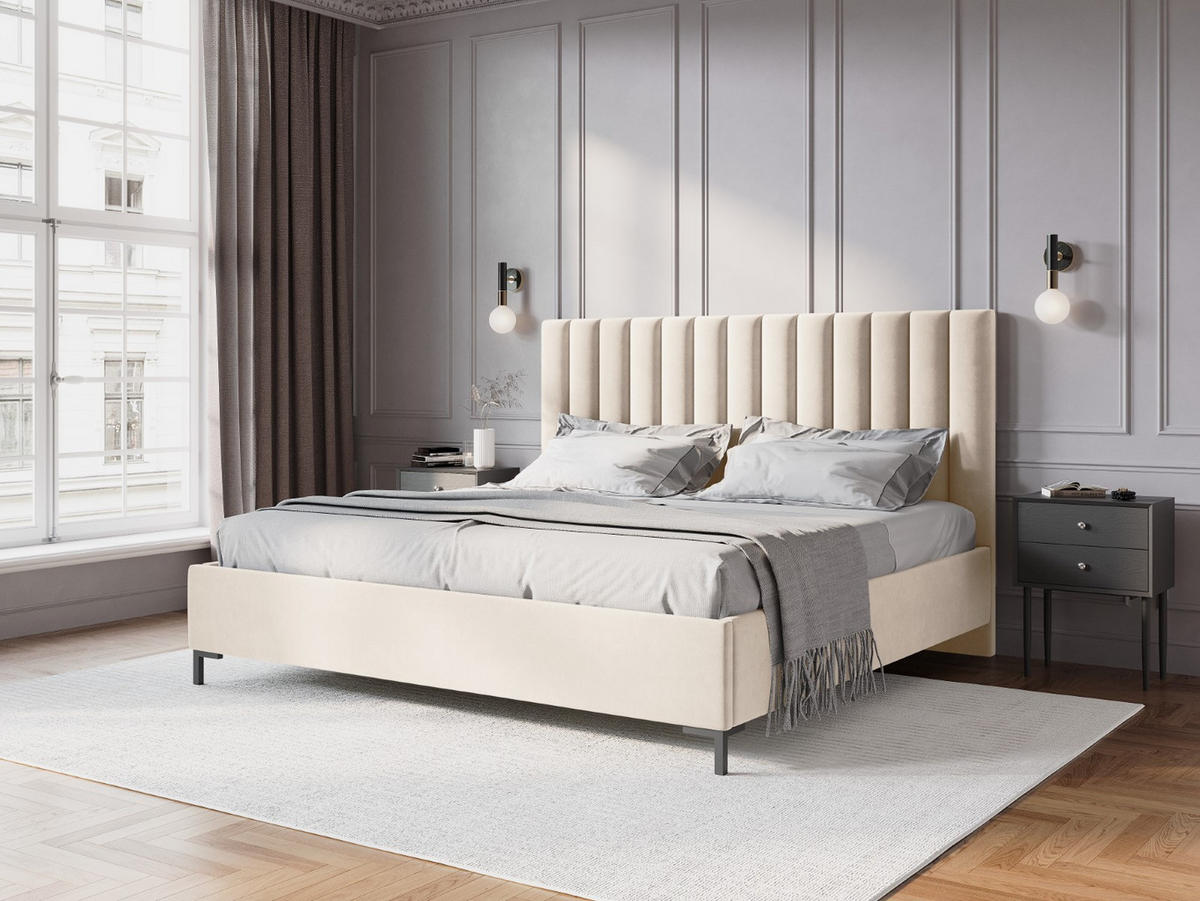 BETT mit Bettkasten und Kopfteil Allison aus Samt leichtes beige 140x200cm - Creme, Textil (140/200cm) - Micadoni