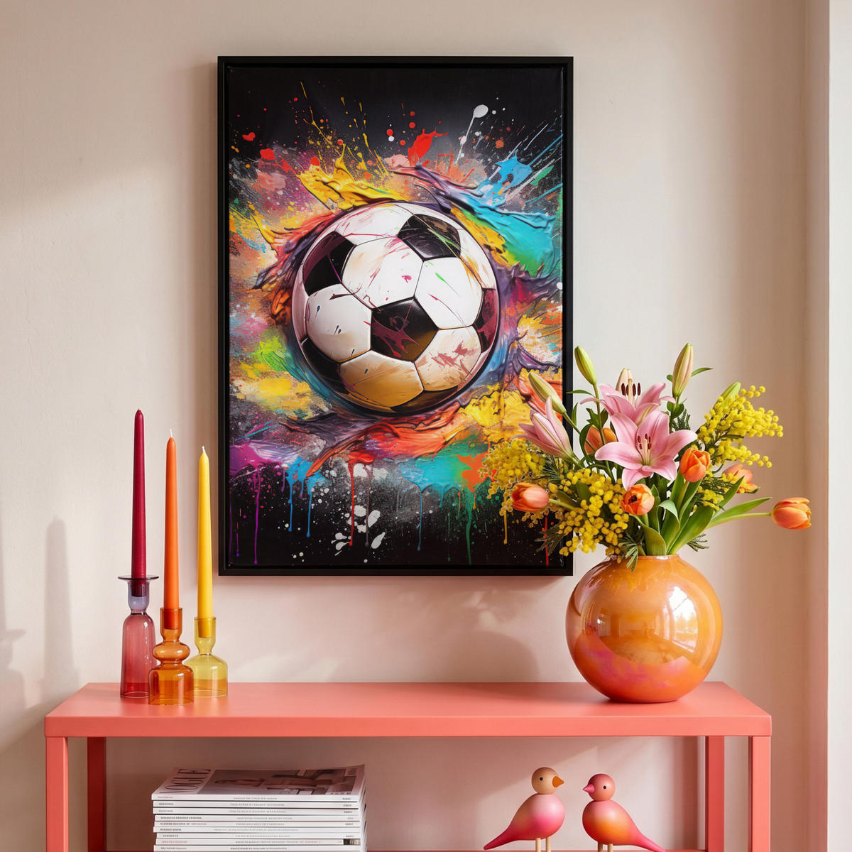 LEINWAND Bilder mit Rahmen - Fußball - Farbe - Farben - Schwarz - Weiß - 40x60 - Weiß, Textil (40/60cm) - MuchoWow