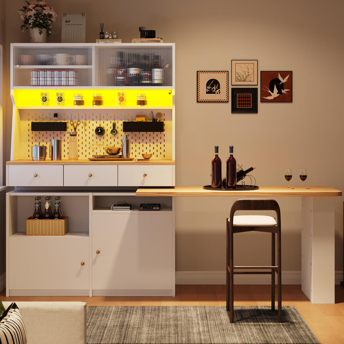 BUFFETSCHRANK 137/45/178 cm, Weiß mit Holzoptik-Tischplatte, Acryl-Schiebetür und ausziehbarer Tischplatte, LED-App-Steuerung - Goldfarben/Weiß, Holzwerkstoff/Metall (137/178/45cm) - Redom