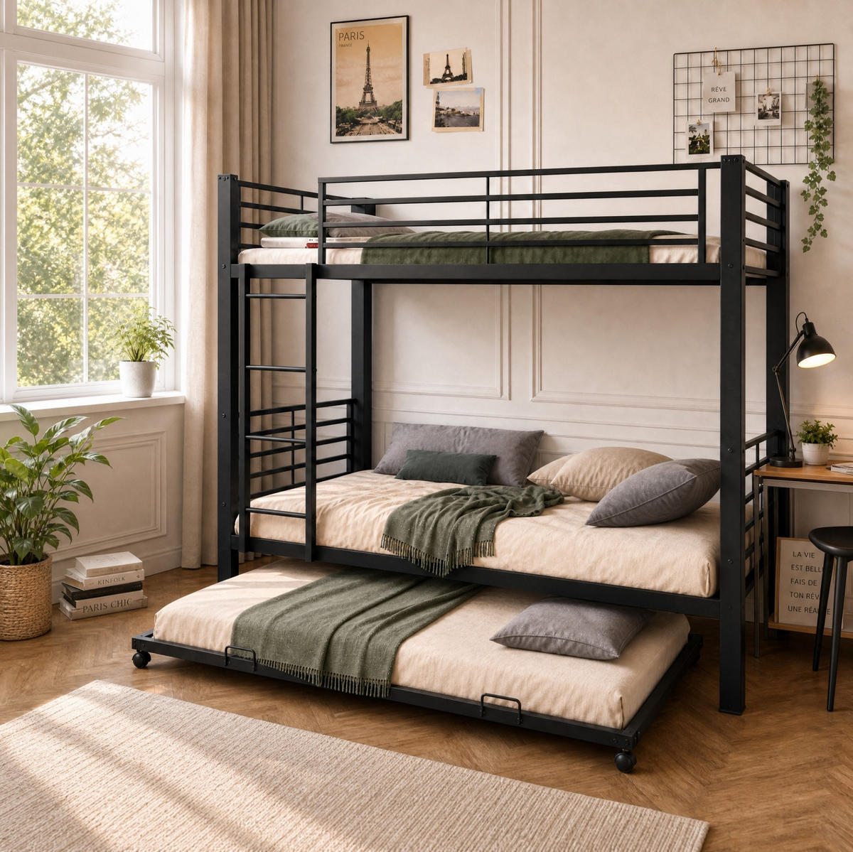ETAGENBETT Metall 90x200 cm Schwarz mit Ausziehbett platzsparendes Kinderbett für 3 Personen - Schwarz, Metall (90/200cm) - Modfu