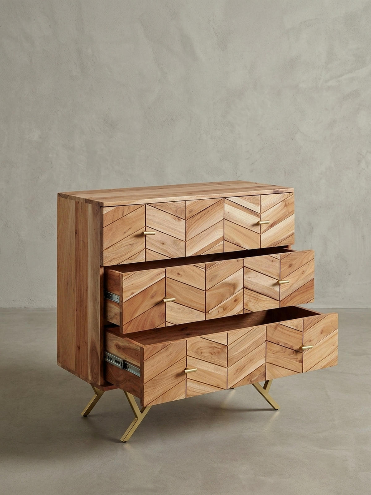 SIDEBOARD – Akazie Massivholz, rustikal, mit Muster, Landhausstil - Beige/Goldfarben, Holz/Metall (90/86/40cm) - KADIMA DESIGN