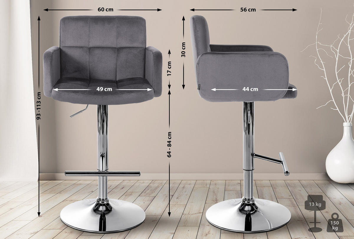 BARHOCKER Lausanne Samt chrom dunkelgrau - Chromfarben/Dunkelgrau, Textil/Metall (60/113/56cm) - TPFLiving