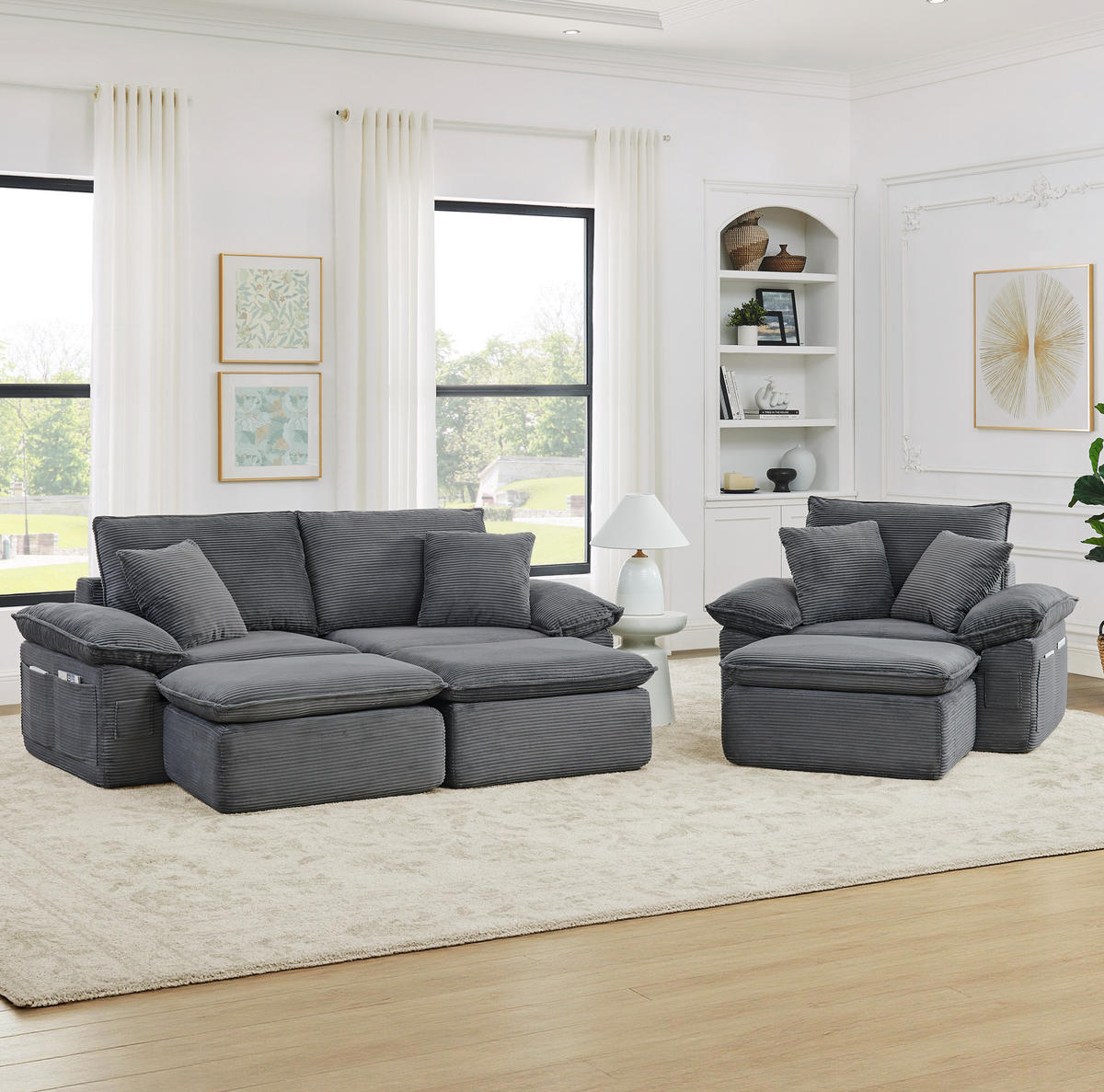 DVOJSEDAČKA světle šedá z látky s modulárním provedením, kapsami a podnožkou - světle šedá, textil (206/65/156cm) - OKWISH