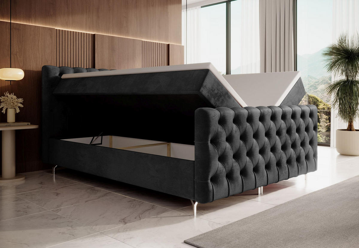 BOXBETT CHESTER 200x200, mit Matratze H3, Bonell und Topper, Monolith 97 - Dunkelgrau, Holz/Textil (200/200cm) - Bedante