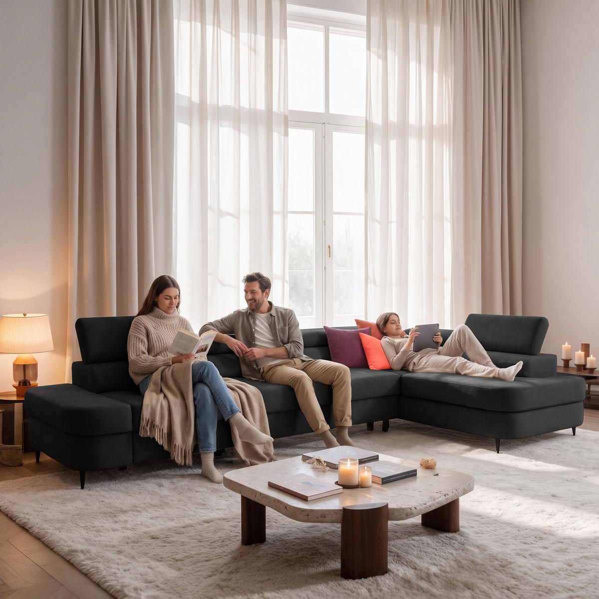 ECKSOFA PRIAM MAXI L-Form Rechts mit Schlaffunktion 125x195 Velours Anthrazit - Anthrazit/Schwarz, Holz/Textil (350/203cm) - Muffo