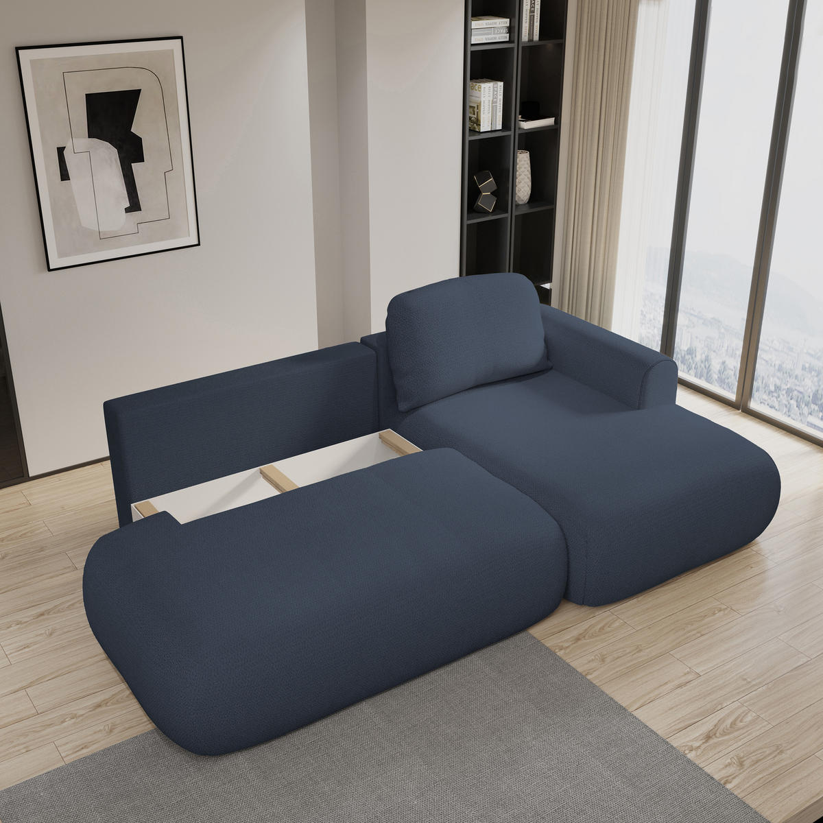 ECKSOFA NUVIRA R-S Blau Geflochtener Stoff mit Schlaffunktion - Blau, Holz (274/165cm) - MASSENO