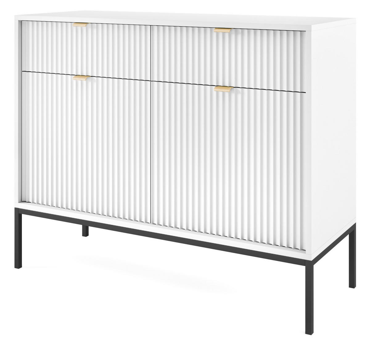 KOMMODE Kioto 104 cm in Weiß mit schwarzen Beinen und geriffelten Fronten - Goldfarben/Schwarz, Holzwerkstoff/Metall (104/83/39cm) - Ravio
