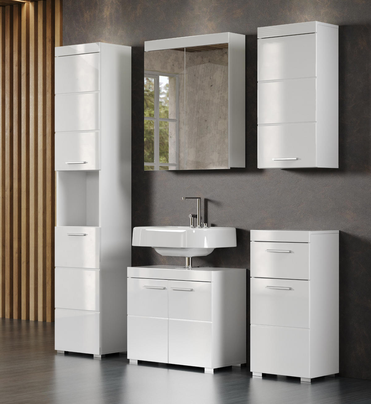 BADMÖBEL-SET weiß Hochglanz 5-teilig 163 x 190 cm, Badkombination in modernem Design - Weiß, Glas/Holzwerkstoff (163/190/34cm) - Top.Furn