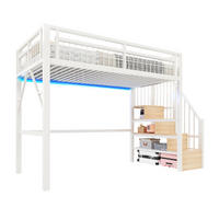 HOCHBETT 140/200 cm mit LED-Lichtleiste, Stauraumtreppe und Freiraum unter dem Bett, Weiß - Weiß, Metall (140/200cm) - Redom