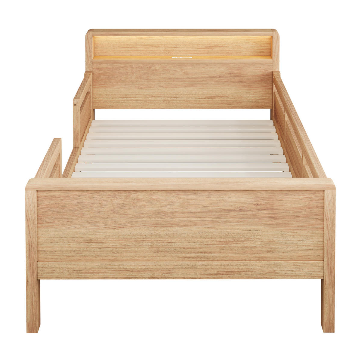 KINDERBETT 90x200 cm in Naturholz mit LED-Leuchte, USB- und Typ-C-Anschluss - Naturfarben, Holz (90/200cm) - IVMEU
