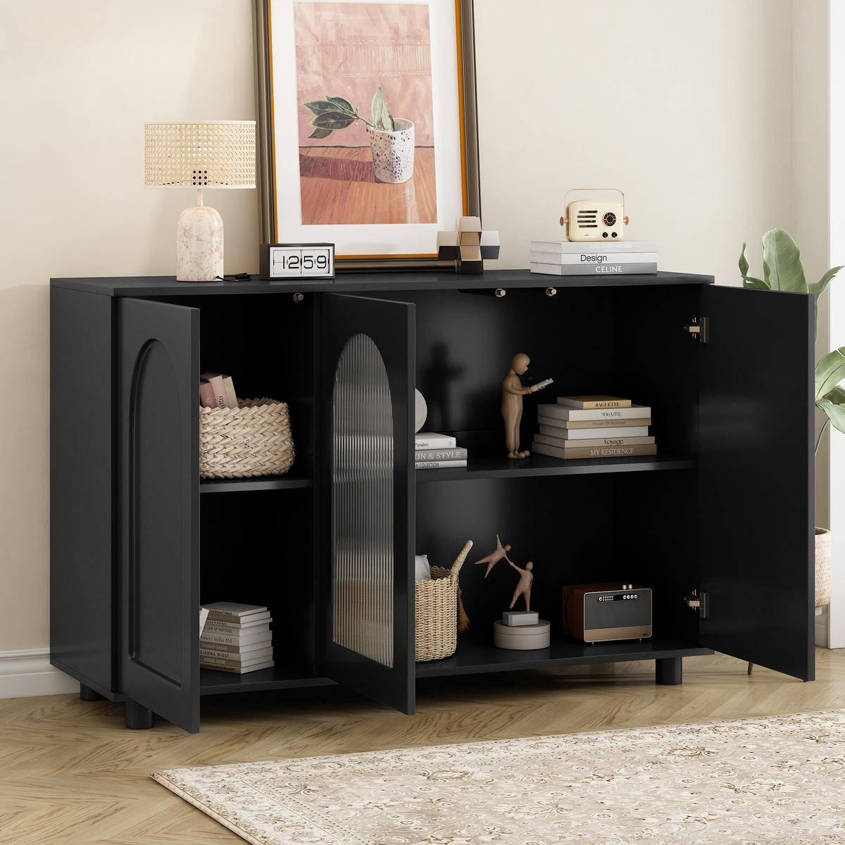 SIDEBOARD in Schwarz U-förmiges Anrichte mit Glastür für Esszimmer, Wohnzimmer und Küche, B120/T40/H78.5 cm - Schwarz, Glas/Holzwerkstoff (120/78.5/40cm) - STILVORA