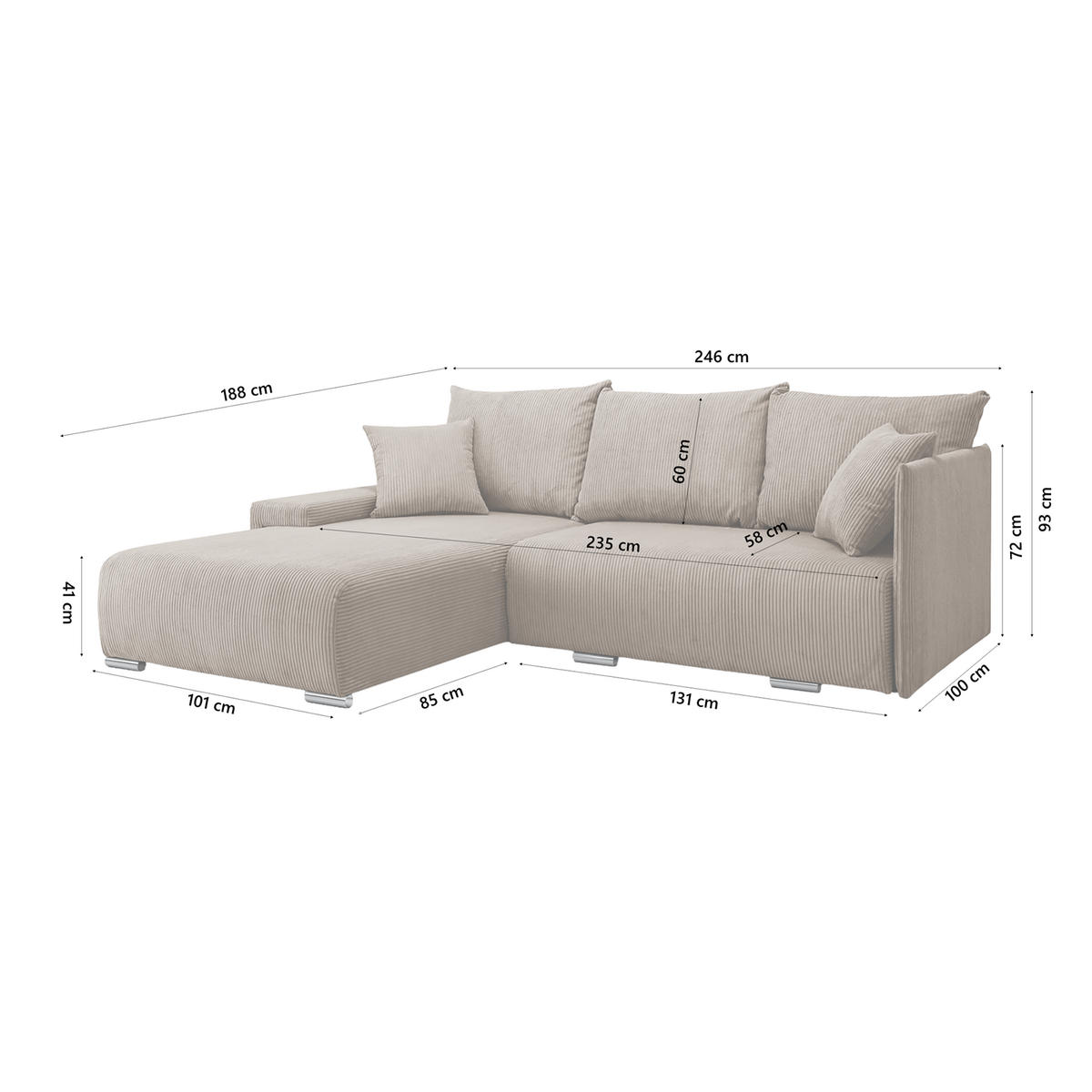 ECKSOFA TRAWANGA L mit Schlaffunktion, Beige - Beige, Textil (246/188cm) - Fedve