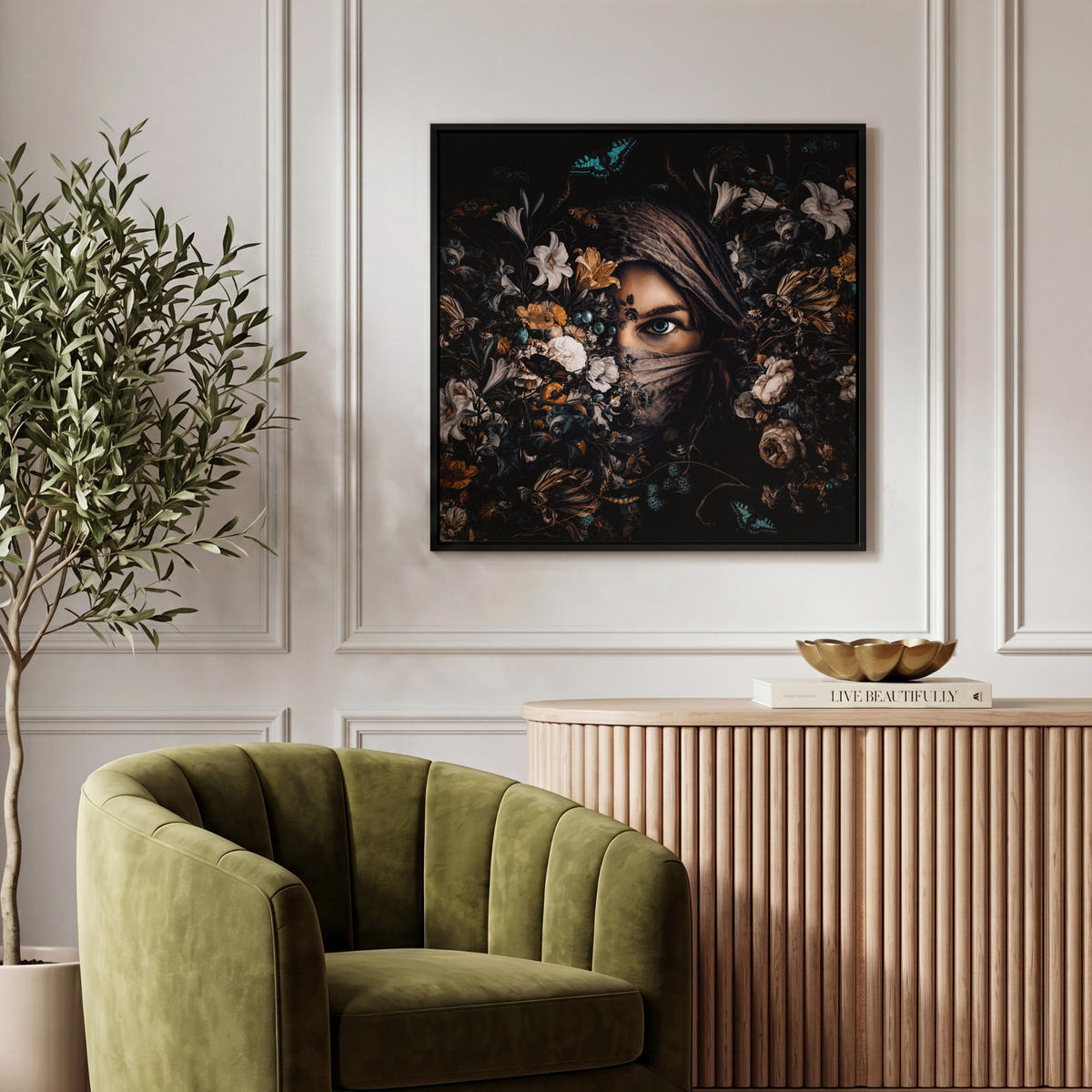 LEINWAND Bilder mit Rahmen - Frau - Luxus - Blumen - Schmetterling - Porträt - 50x50 - Schwarz, Textil (50/50cm) - MuchoWow