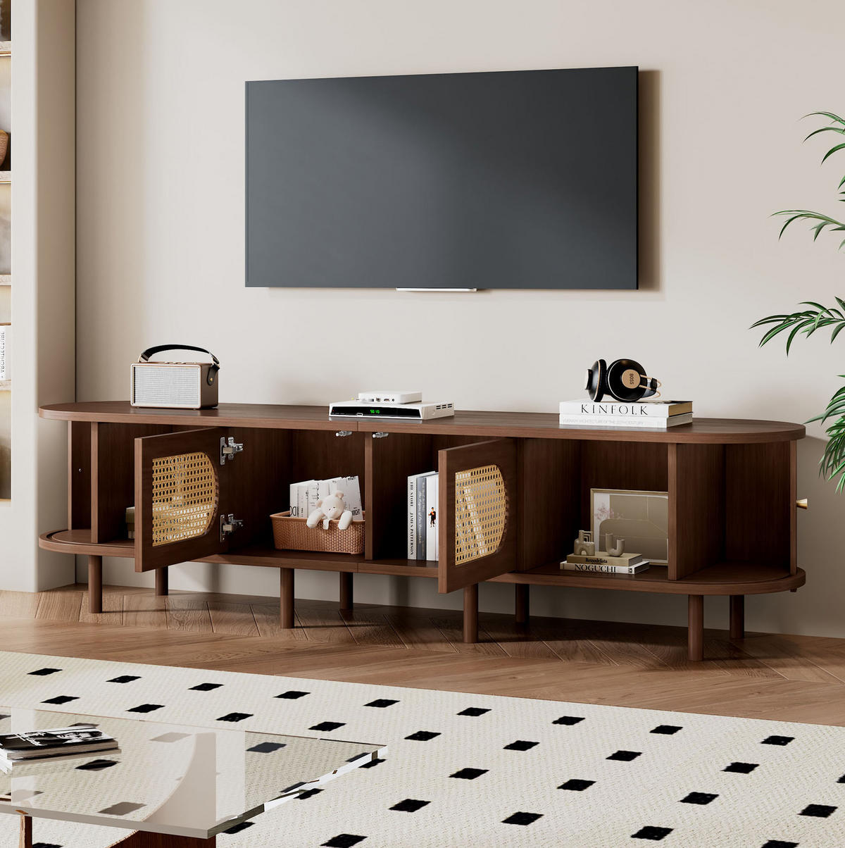 LOWBOARD 180/40/40 cm aus MDF mit Rattan-Fronten und Rollladentüren Walnussfarben - Braun, Holzwerkstoff (180/40/40cm) - Modenvie