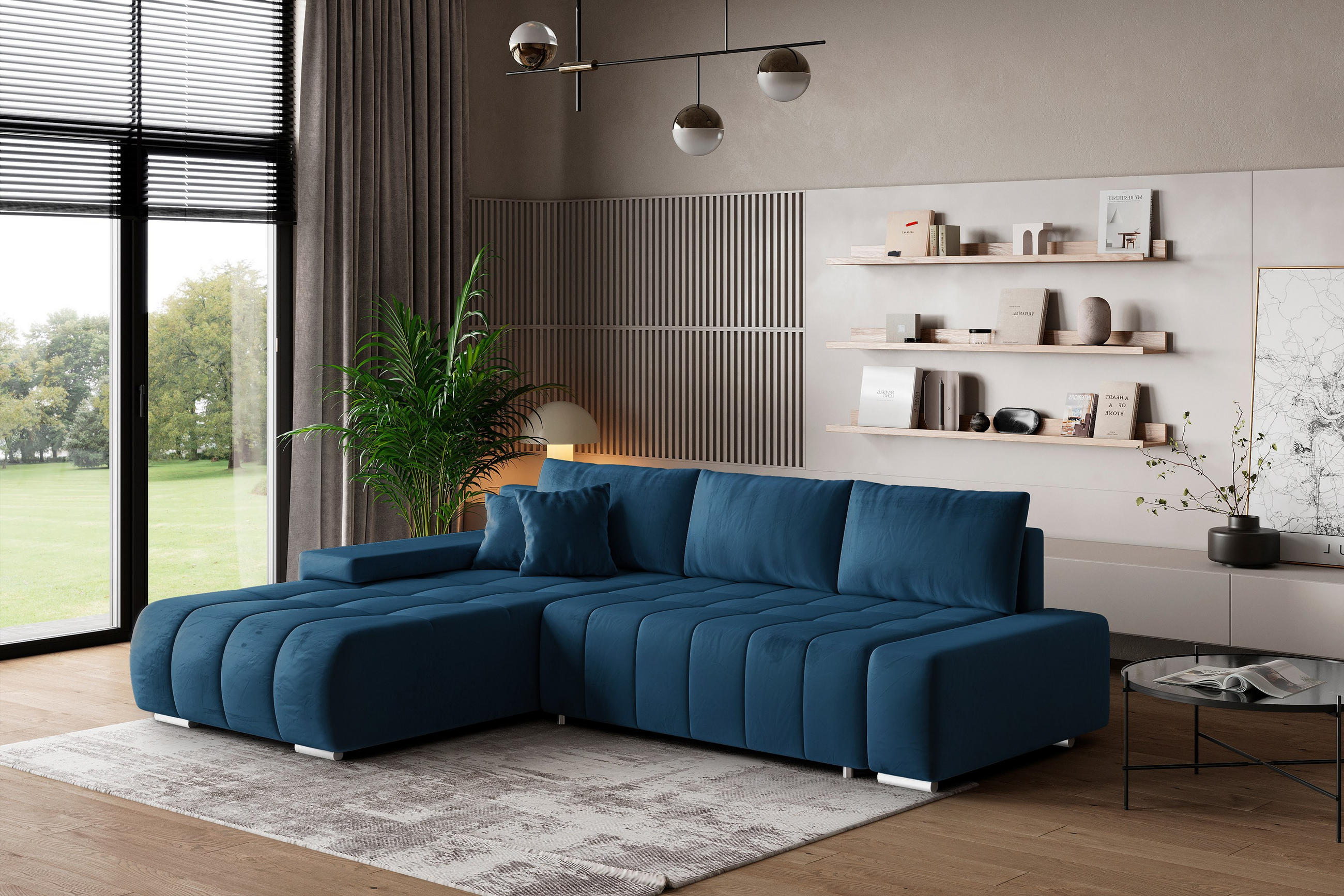 ECKSOFA ALESE L-S Blau Velours-Stoff mit Schlaffunktion - Blau, Holz (265/185cm) - MASSENO