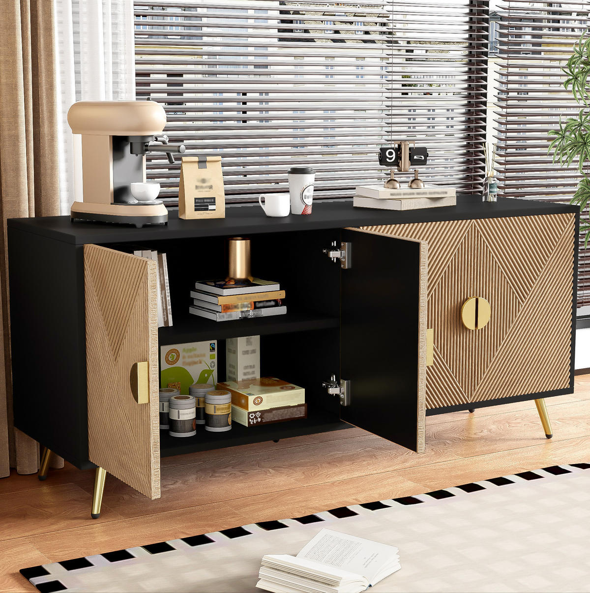 SIDEBOARD 4-türig 160 x 40 x 75 cm Schwarz Holzoptik - Schwarz, Holzwerkstoff (160/75/40cm) - Meubliv