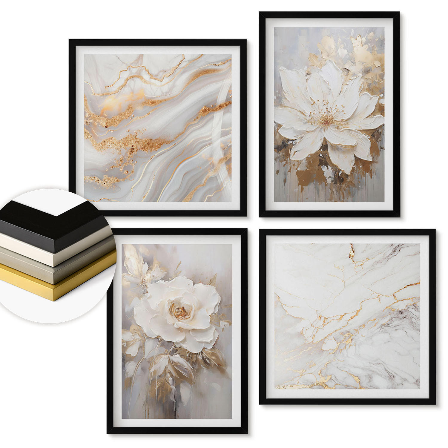 WANDBILDER 4er-Set - 50x50 cm & 40x60 cm Schwarzer Rahmen - Abstrakte Blumen aus Marmor - Schwarz, Kunststoff (50/50cm) - ArtPrintCave