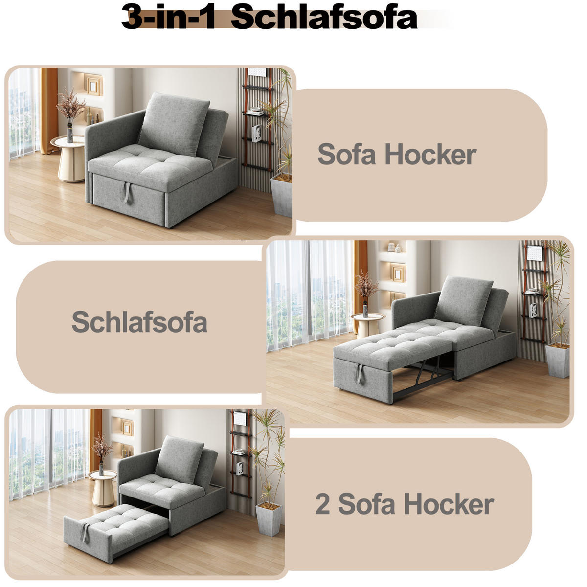 SCHLAFSOFA 3-in-1 Leinen mit 5-fach verstellbarer Rückenlehne Grau 177/68/65 cm - Grau, Textil (68/65/177cm) - Redom
