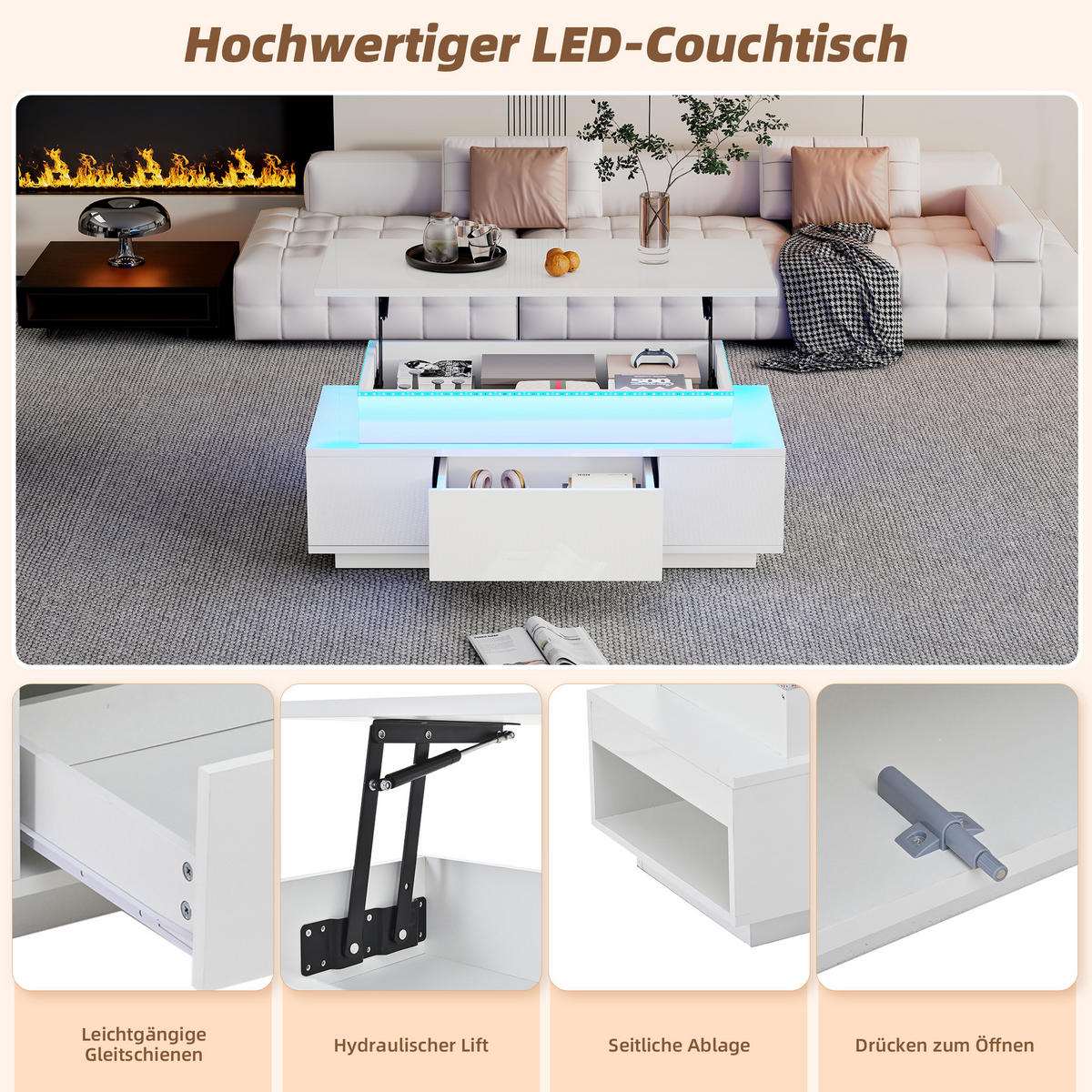 COUCHTISCH höhenverstellbar Weiß 96x45x40cm LED Stauraum - Weiß, Holzwerkstoff (96/45/40cm) - FLIEKS