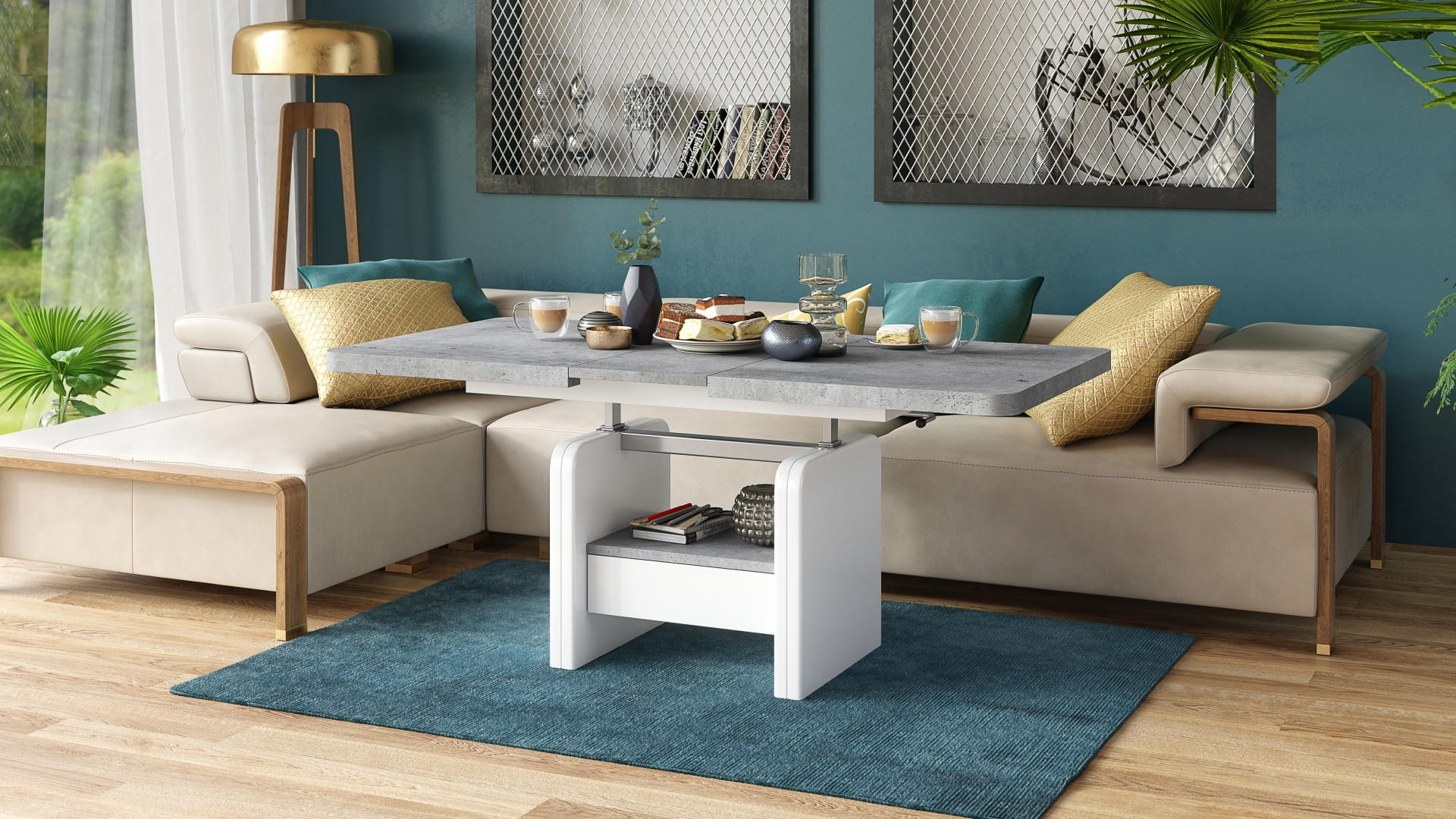 COUCHTISCH rechteckig Beton - Weiß höhenverstellbar ausziehbar - Hellgrau/Weiß, Holzwerkstoff (75/180/75cm) - designimpex