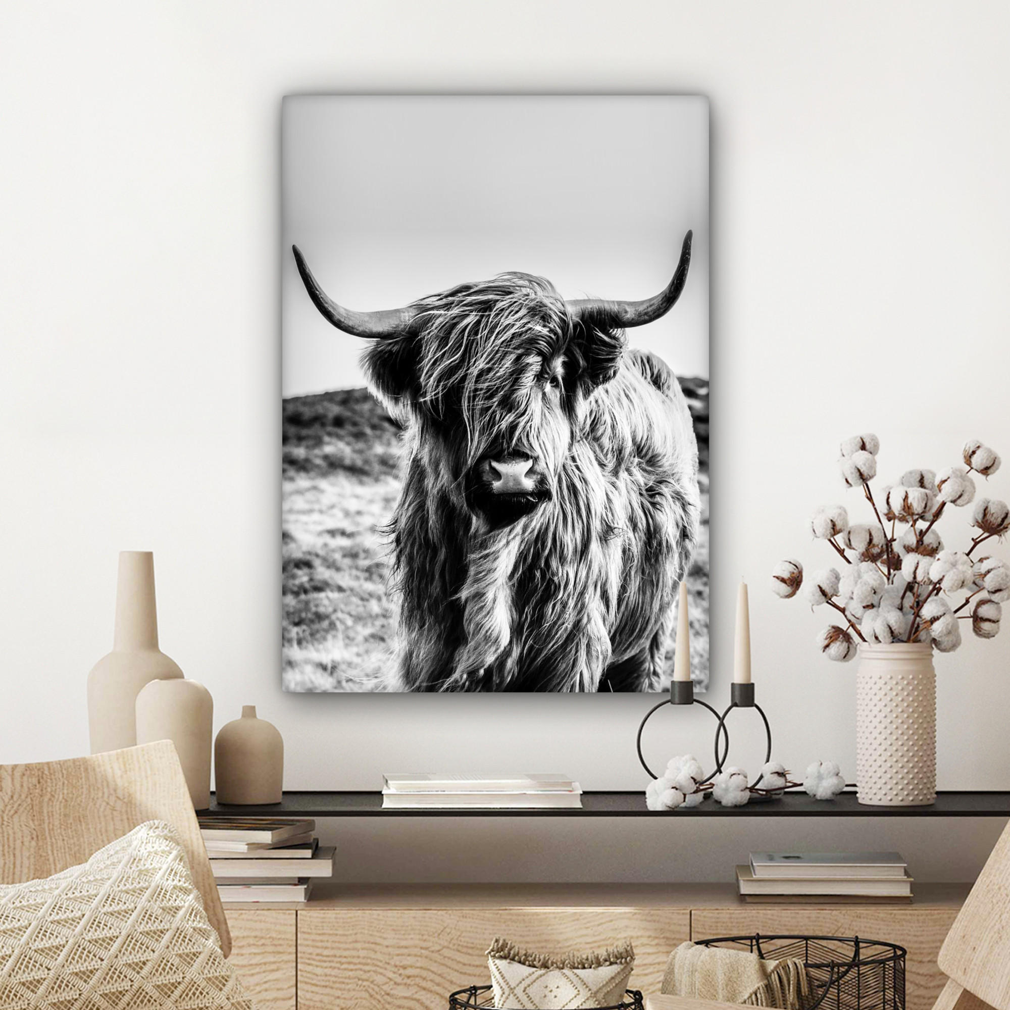 LEINWANDBILD Kuh - Schottischer Hochländer - Schwarz - Weiß - Tier - Natur - Wildtiere 60x80 cm - Schwarz, Textil (60/80cm) - MuchoWow