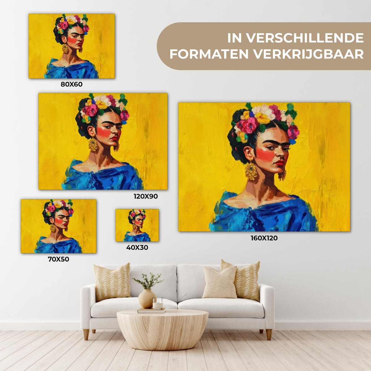 LEINWANDBILD Frida Kahlo - Frau - Gelb - Blau - Blumen Wandbild 40x30 cm - Gelb, Textil (40/30cm) - MuchoWow