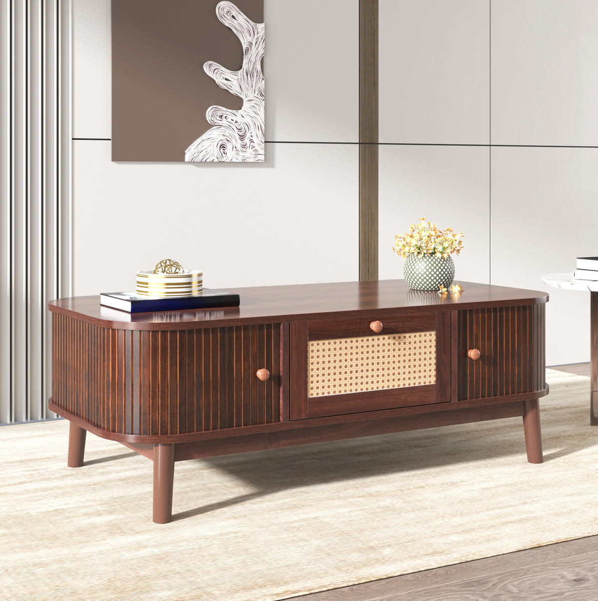 COUCHTISCH mit Schubladen und Schiebetüren 110 x 55 cm MDF Natural - Braun, Holz (110/55/38.5cm) - Meubliv