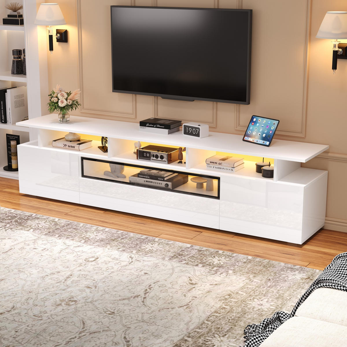 TV-LOWBOARD 180x38x45 cm Hochglanz LED Schrank Schublade - Weiß, Holzwerkstoff (38/45/180cm) - FLIEKS