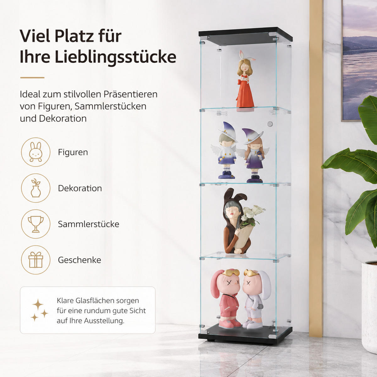 VITRINE,TRANSPARENT, 4-stufig, schwarzer Rahmen, staubdichte Glaswände ohne LED - Schwarz, Glas (42.5/164/36.5cm) - Joyfair