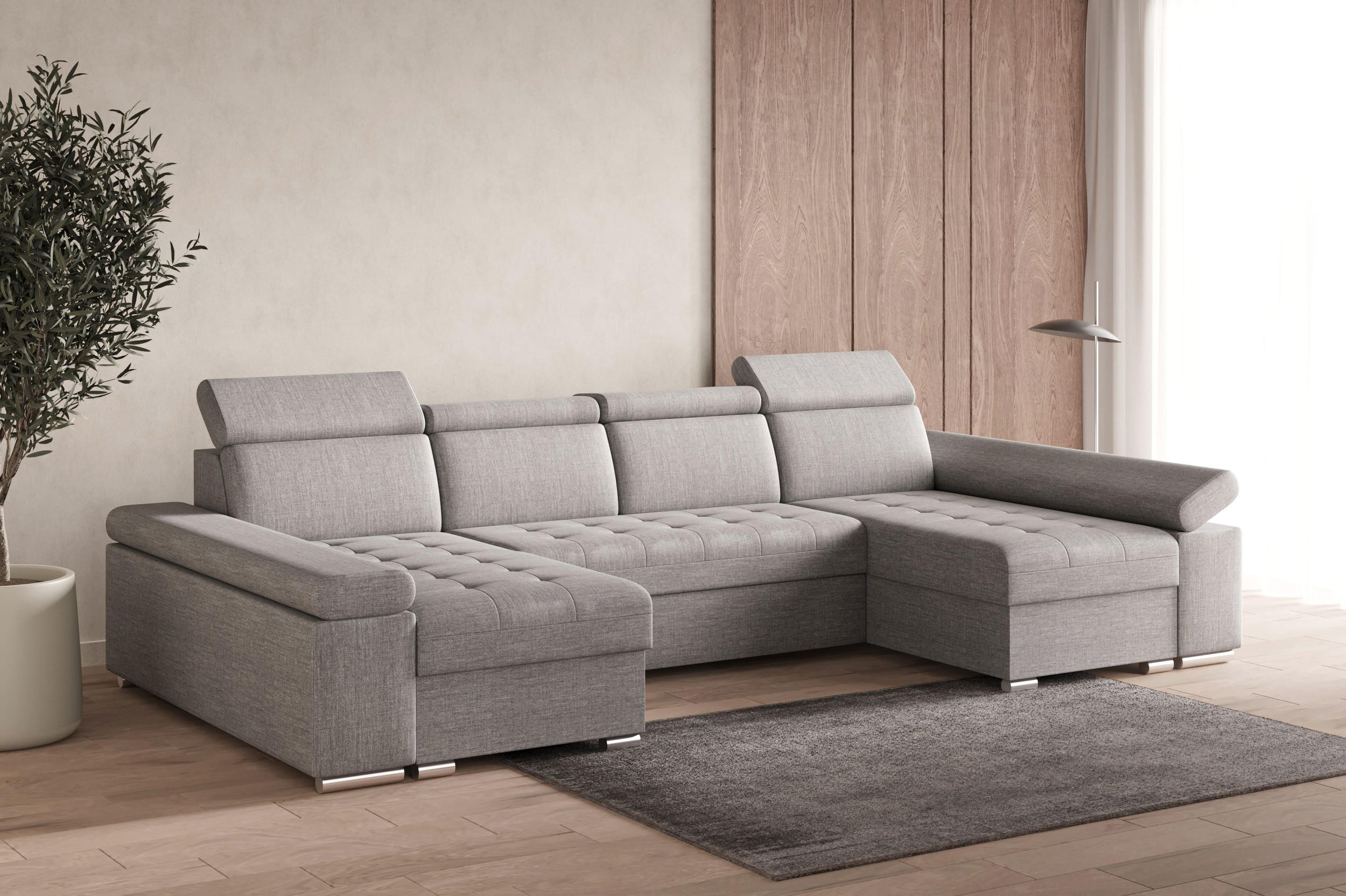 Thumbnail - Möblo Wohnlandschaft, Hellgrau, Holzwerkstoff, 5-Sitzer, U-Form, 330x94x168 cm, Wohnzimmer, Sofas & Couches, Wohnlandsch...