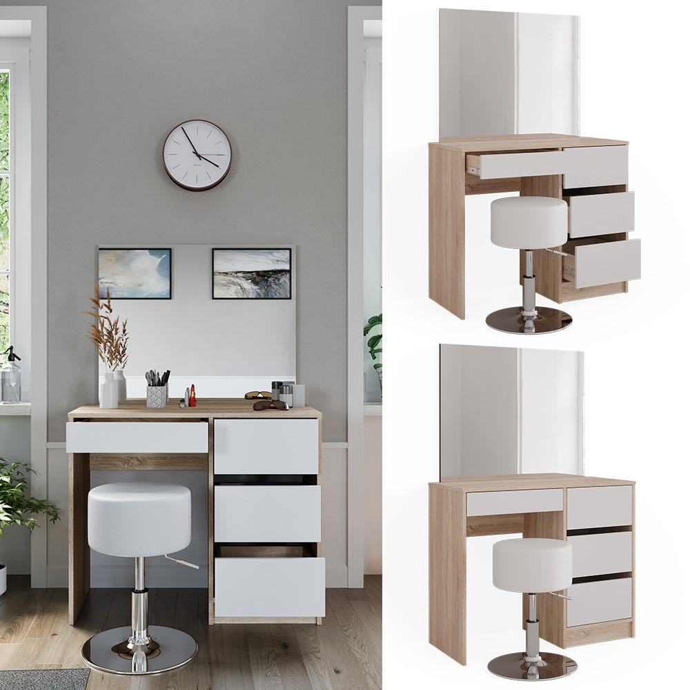 SCHMINKTISCH-SET Sherry Sonoma 90 cm mit Hocker - Weiß/Sonoma Eiche, Holzwerkstoff (90/75/40cm) - Vicco