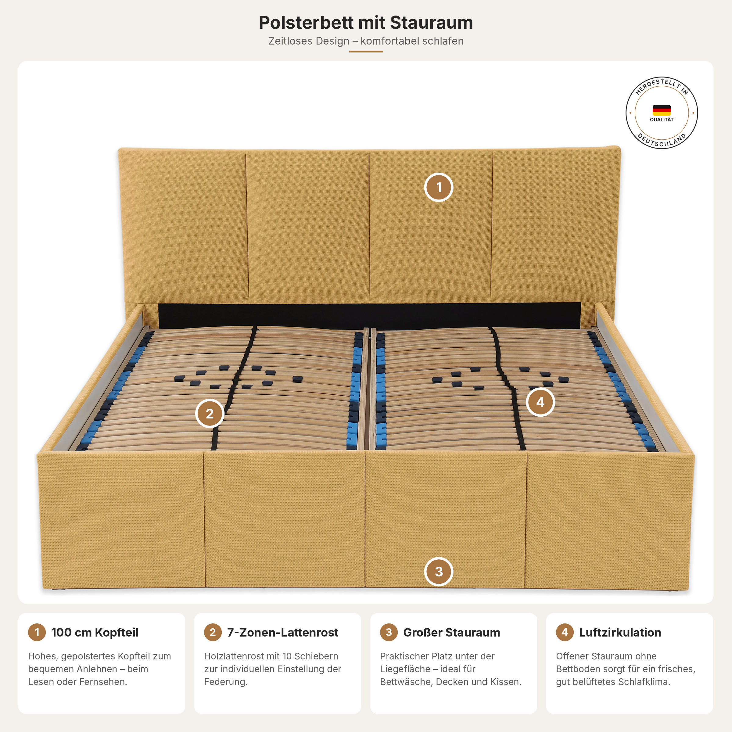 POLSTERBETT Dalas Gold 200 x 200 x 40 cm Stauraum Mit hochwertiger Matratze H2 (bis 100 kg) und Lattenrost - Goldfarben, Holz (200/200cm) - Halmon Schlafkomfort Betten 