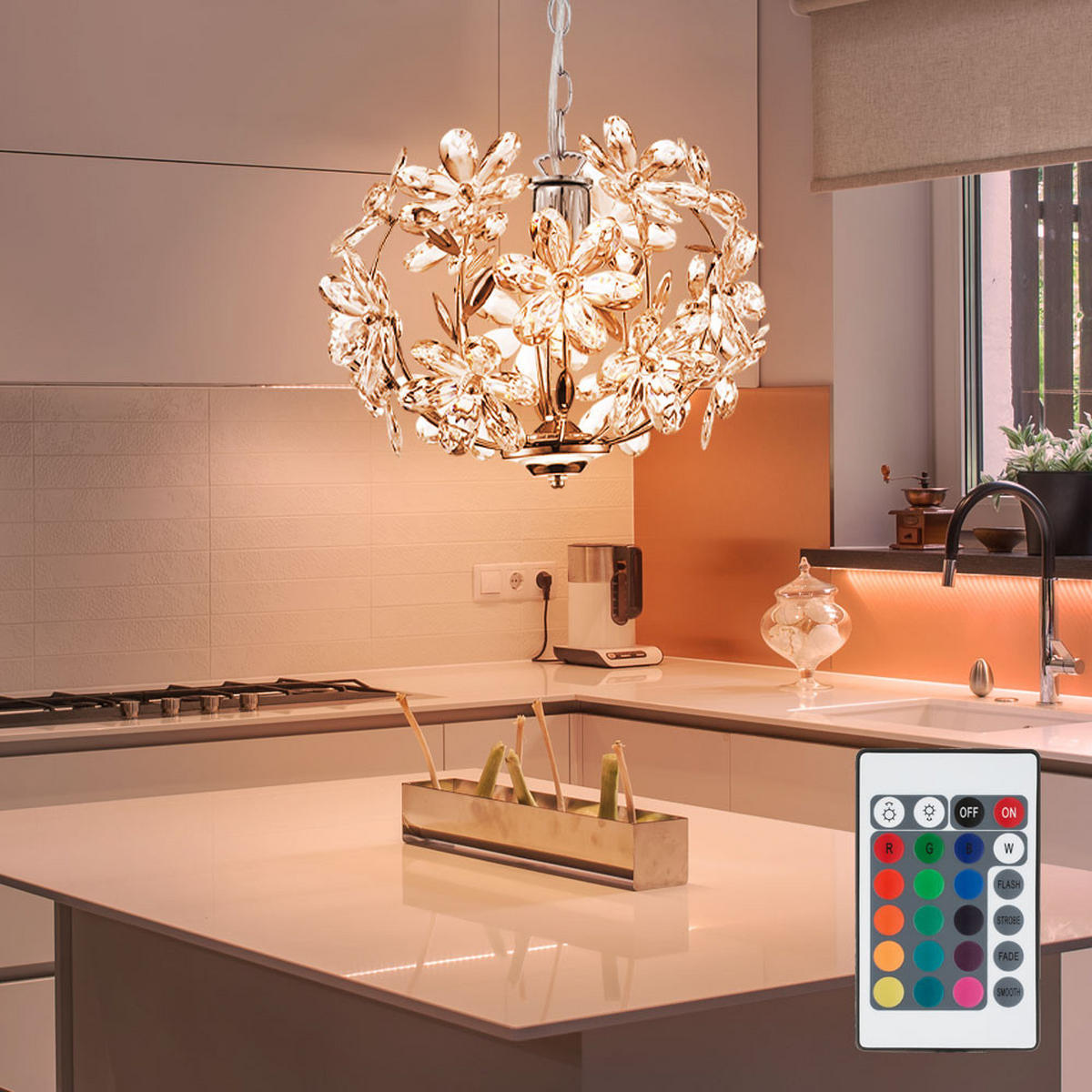 LED HÄNGELEUCHTE Chrom Klar Blüten Design - Klar, Metall (34/34/87cm) - Globo Lighting