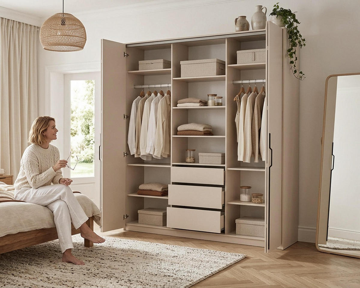 FALTTÜRENSCHRANK Omodeo 200 cm breit in Kaschmir – mit WingLine-Falttüren - Beige, Holzwerkstoff (200/240/58cm) - AX Living