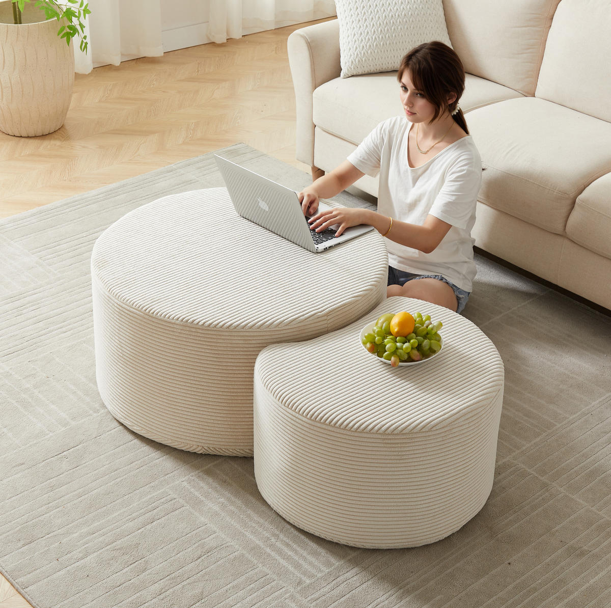 COUCHTISCH-SET 2-teilig Beige aus Stoff, gepolstert und ohne Montage - Beige, Textil (81/81/40cm) - Flora Grace
