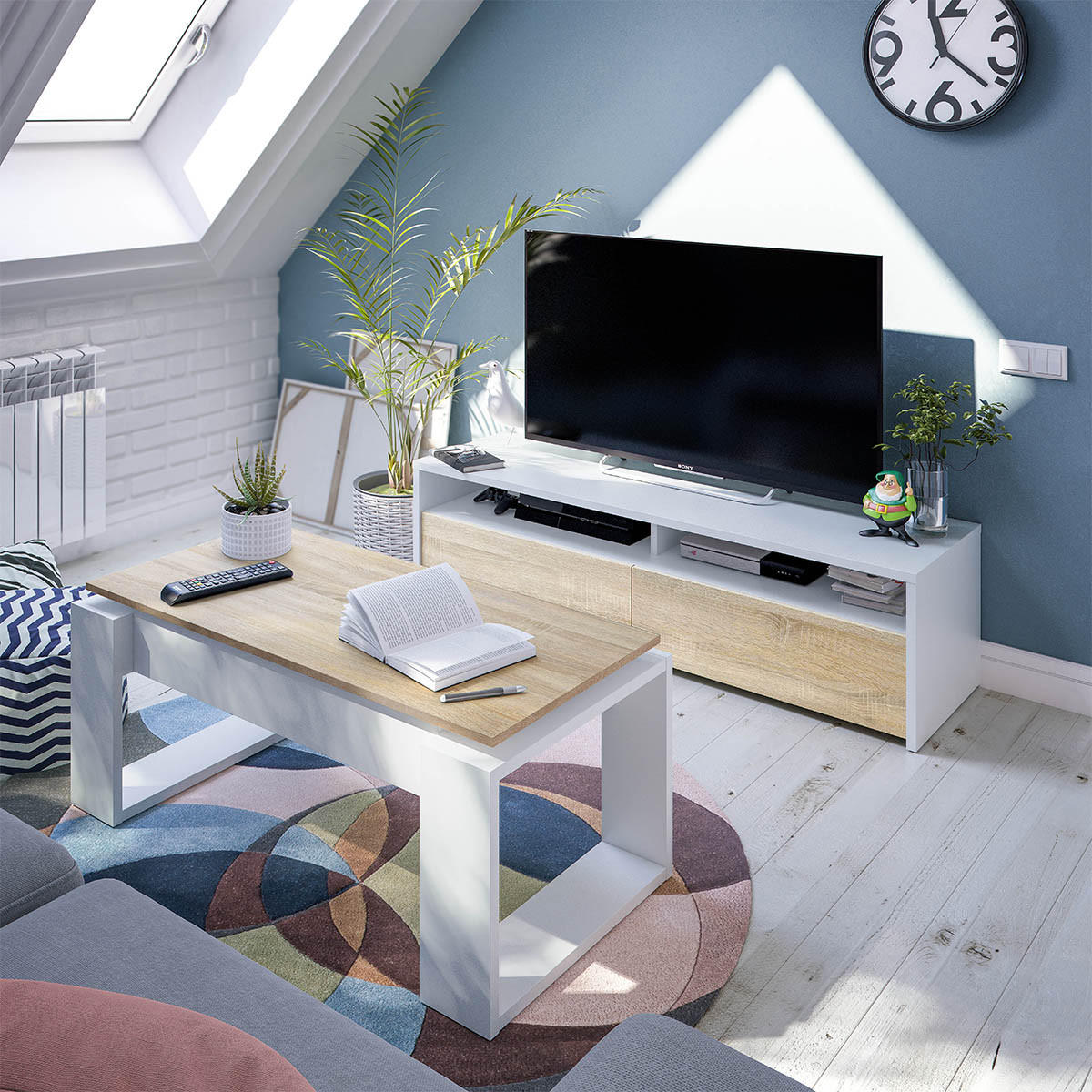 TV-MÖBEL mit 2 Flügeltüren und 2 Aufbewahrungsnischen Kioto - L130 cm - Weiß, Holzwerkstoff (42/36/130cm) - Calicosy