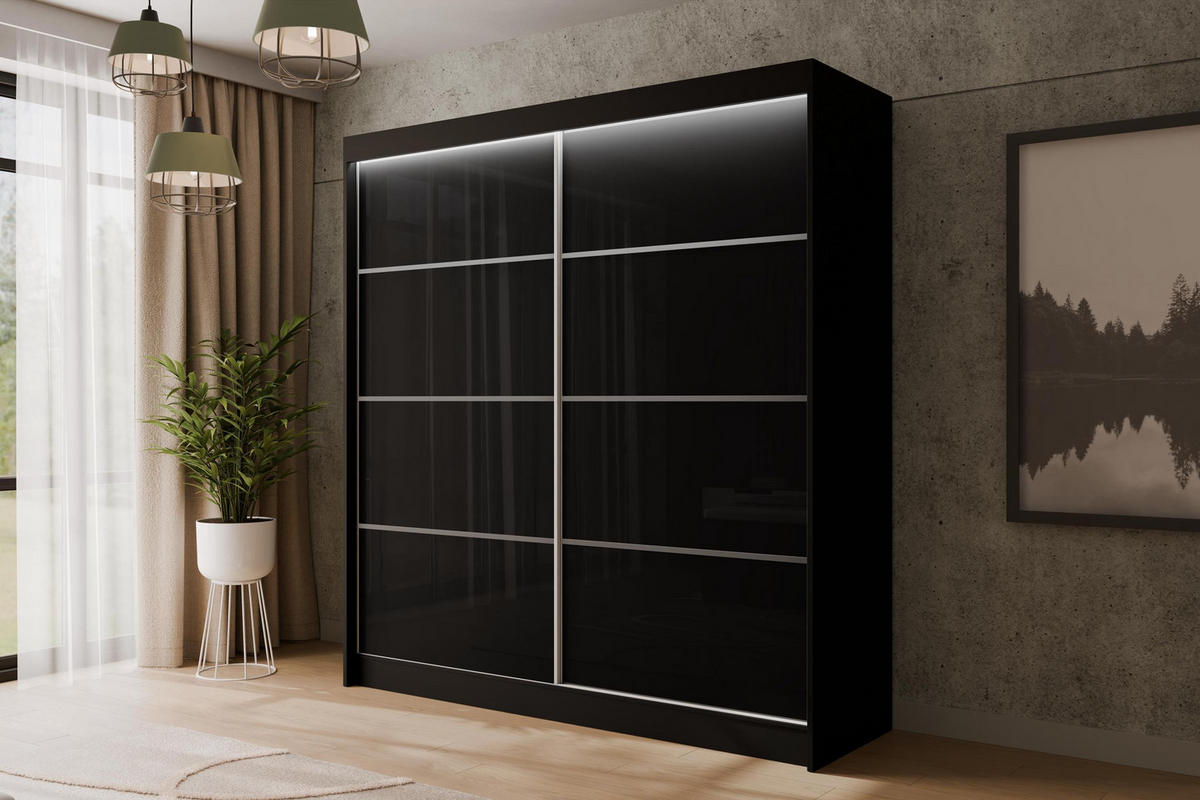 KLEIDERSCHRANK PEKA III mit LED - 200 cm - Schwarz - Schwarz/Weiß, Holzwerkstoff (200/215/61cm) - ALTDECOR