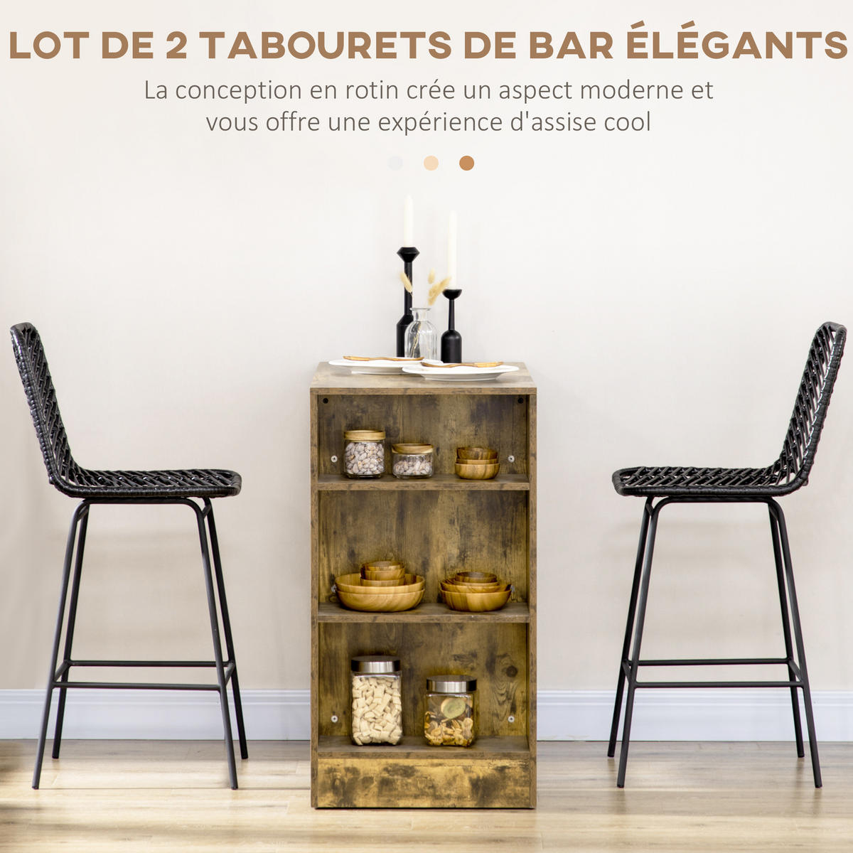 BARHOCKER 2er-Set DE-14714 Boho-Design mit PE-Rattan & Fußstütze Schwarz - Schwarz, Metall (52/102/42.5cm) - ComfortXL