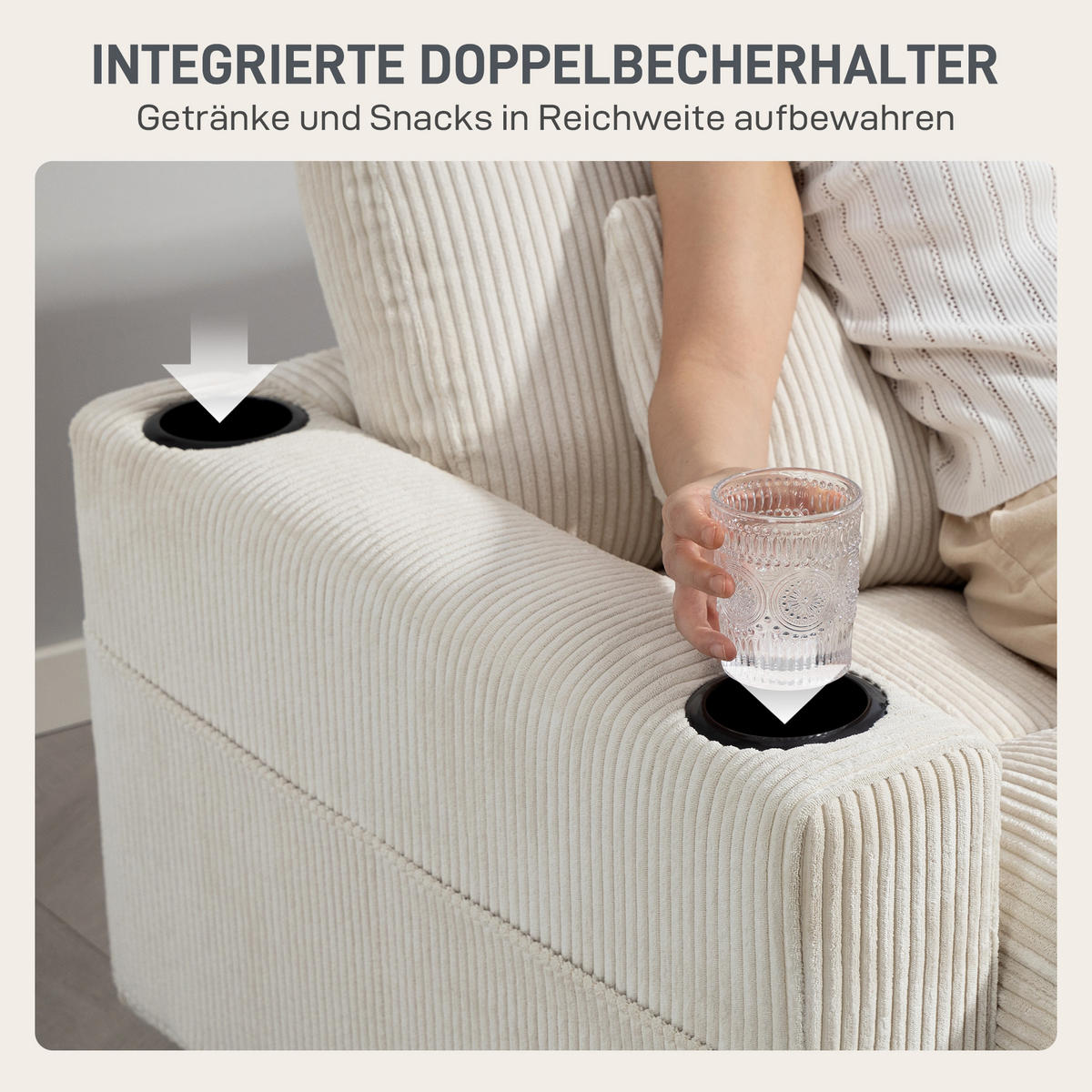 SOFA-BETT DE-06561 zum Bett umwandelbar, Becherhalter, Taschenfederkern Cremeweiß - Creme, Holzwerkstoff/Textil (147/86/114cm) - ComfortXL
