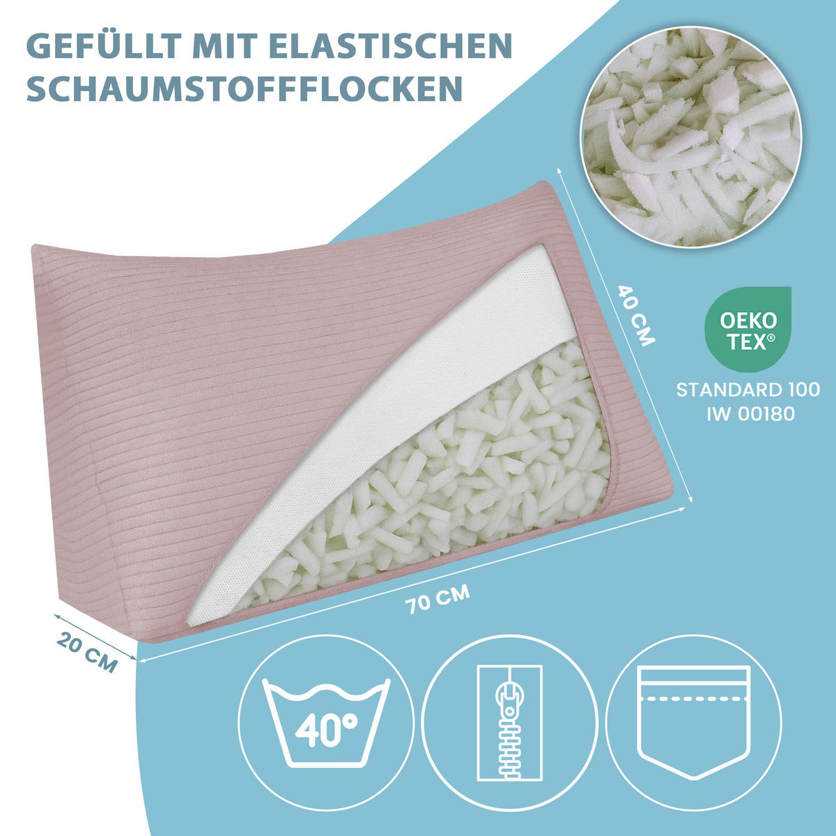 KEILKISSEN Silver Pink, 70/40/20 cm, Cord - Pink, Textil (70/20cm) - Dreamroots