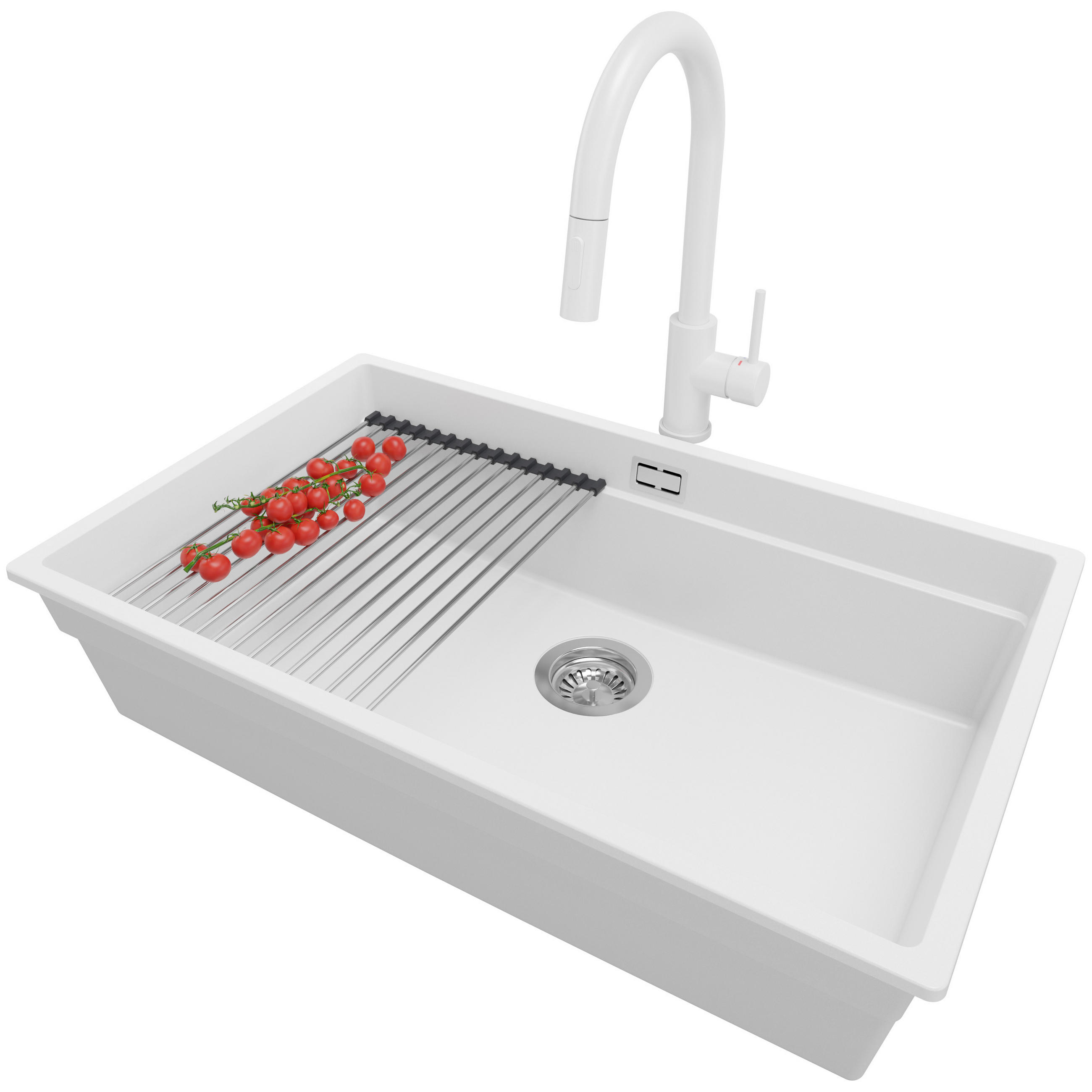 GRANITSPÜLE Praga Slim, 2-er set Weiß 76/47 cm 1 Becken + Küchenarmatur 40/20 cm + Ablauf-Set + Aufrollbare Abtropffläche ab 80er Unterschrank - Chromfarben/Weiß, Kunststoff (76/20/47cm) - Primagran