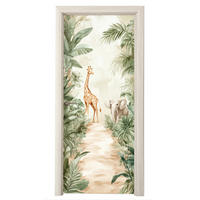 FOTOTAPETE Tür - Dschungel - Giraffe - Elefant - Grün - Natur 95x215 cm - Eukalyptusholzfarben, Kunststoff (95/0.1cm) - MuchoWow