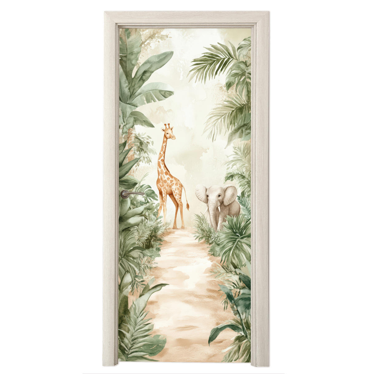FOTOTAPETE Tür - Dschungel - Giraffe - Elefant - Grün - Natur 95x215 cm - Eukalyptusholzfarben, Kunststoff (95/0.1cm) - MuchoWow