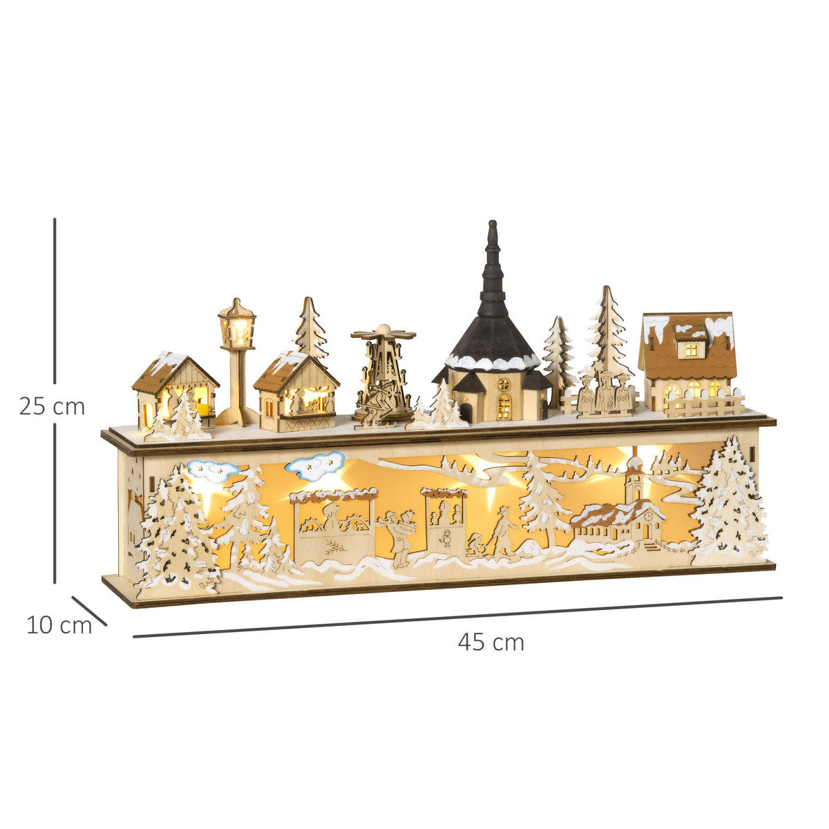 WEIHNACHTSDEKO Verschneites Weihnachtsdorf mit 10 LEDs Natur 45 x 10 x 25 cm - Naturfarben, Holz (10/25/45cm) - HOMCOM
