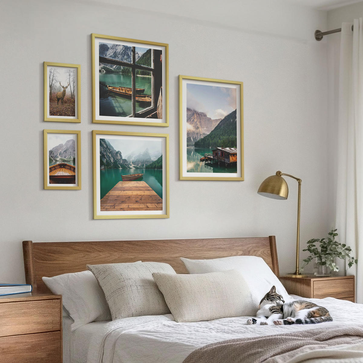 BILDER SET 5er Set - 50x50 cm & 20x30 cm & 40x60 cm Goldrahmen - Berglandschaften, Ferienhäuser, Boote - Goldfarben, Kunststoff (40/60cm) - TULUP