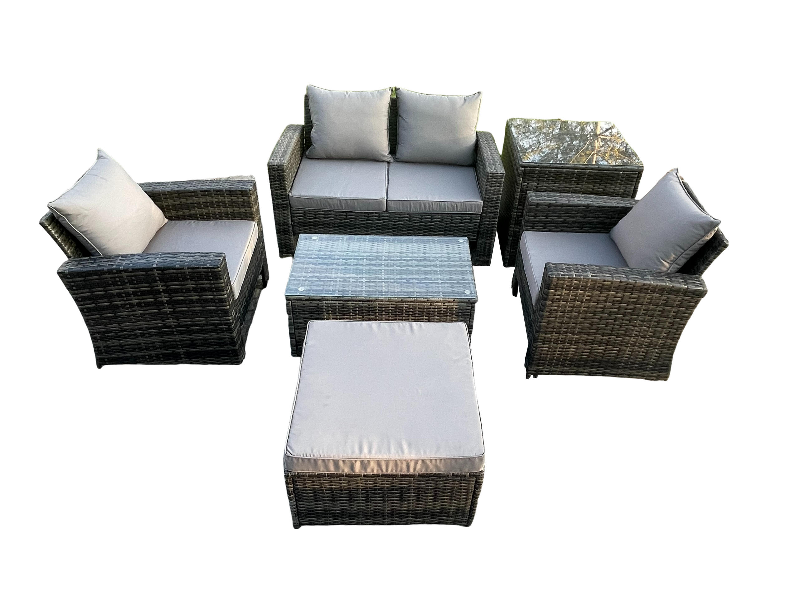 GARTENGARNITUR Polyrattan Dunkelgrau 9-Sitzer - Dunkelgrau, Metall - Fimous